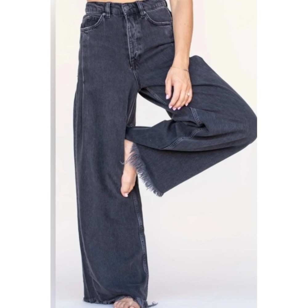 Free People Wide Leg Flare Jeans in Washed Black
